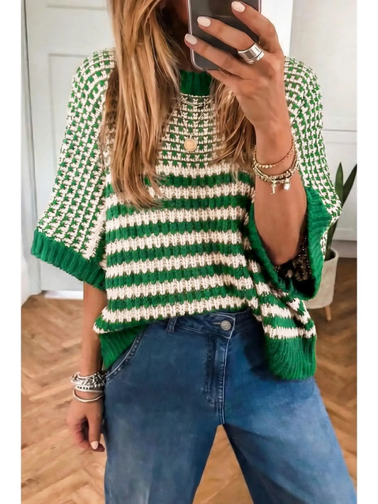 3/4 Draped Sleeve Slouch Sweater Green Stripe