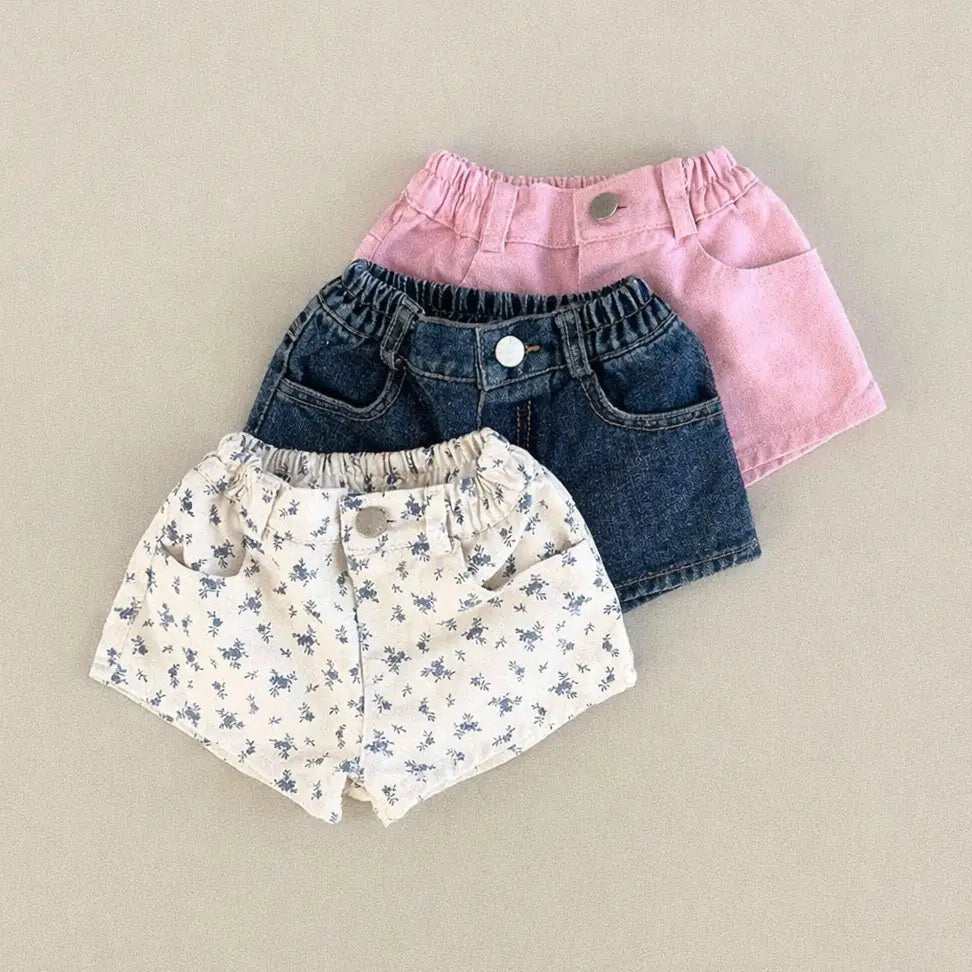 Elastic Waist Denim & Floral Summer Shorts