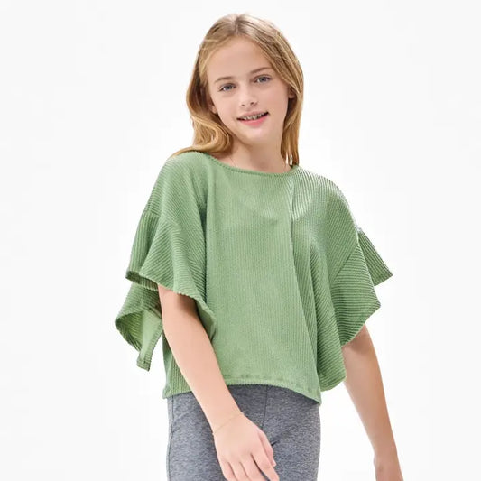 Embossed Rib Ruffle Sleeve Pullover Shirt Dusty Green