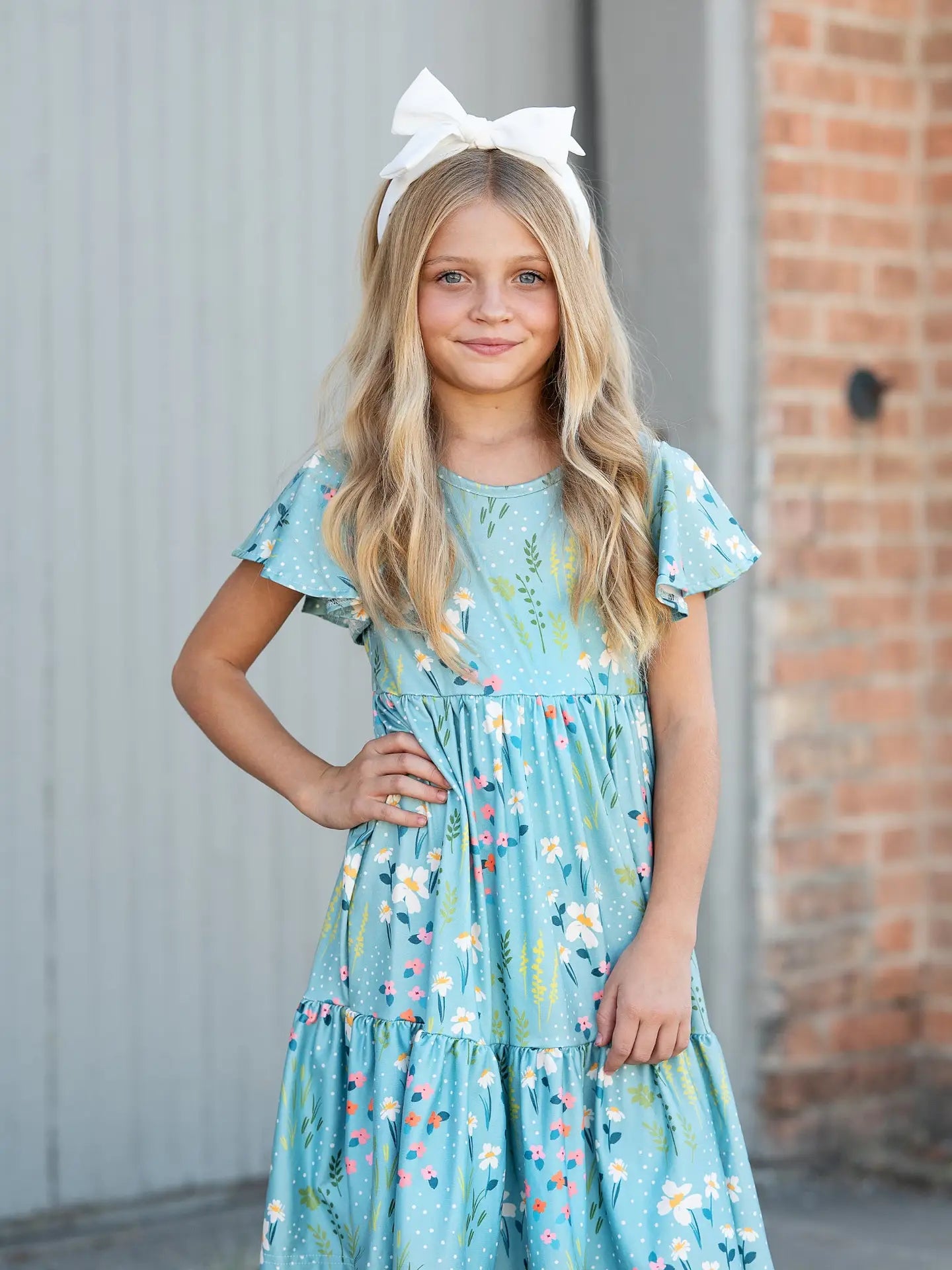 Emma Teal Spring Willow Floral Flutter Sleeve Dress