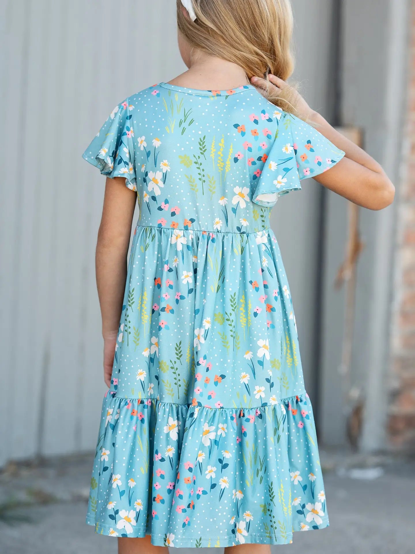 Emma Teal Spring Willow Floral Flutter Sleeve Dress