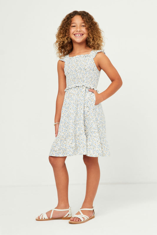 Ditsy Floral Ruffled Strap Smocked Midi Dress