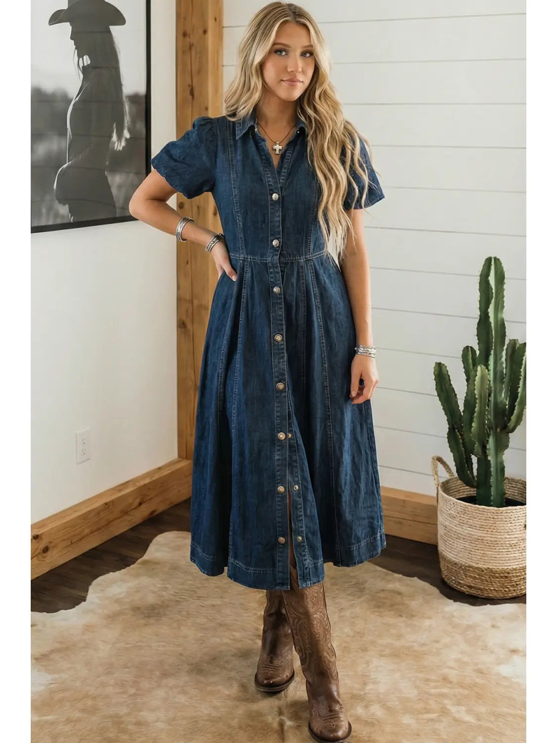 Full Buttons Bubble Sleeve Long Denim Dress Sail Blue
