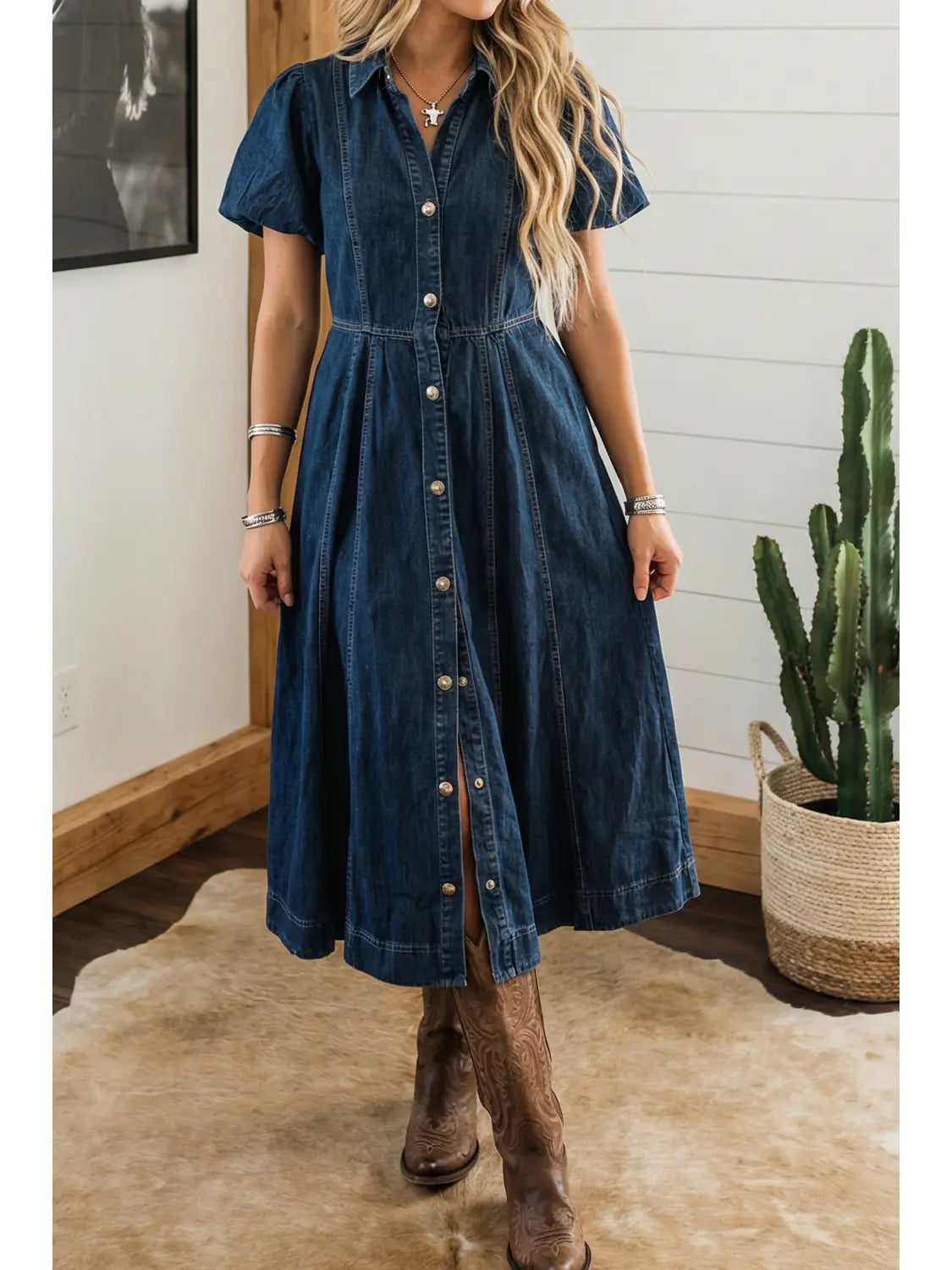 Full Buttons Bubble Sleeve Long Denim Dress Sail Blue