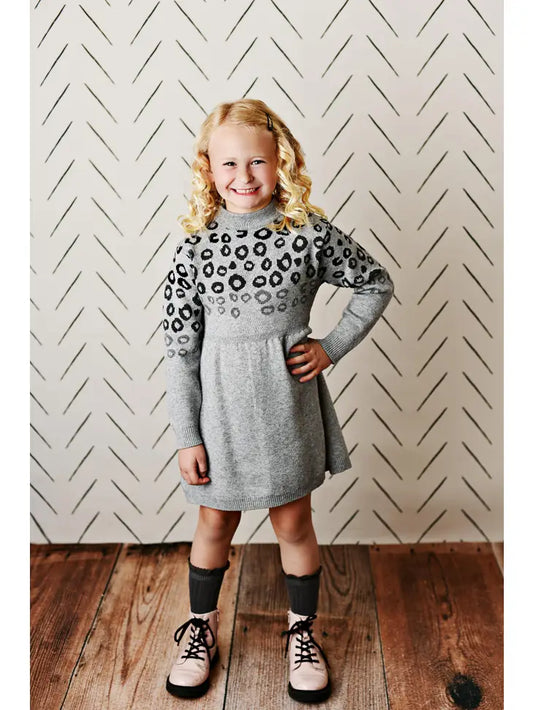 Kids Gray & Black Leopard Print Long Sleeve Sweater Dress