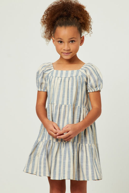 Striped Square Neck Puff Sleeve Tiered Dress