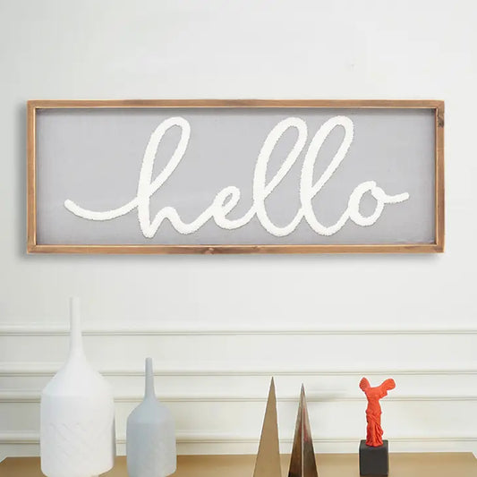 Hello Wood Framed Wall Hanging Sign,Fabric Background