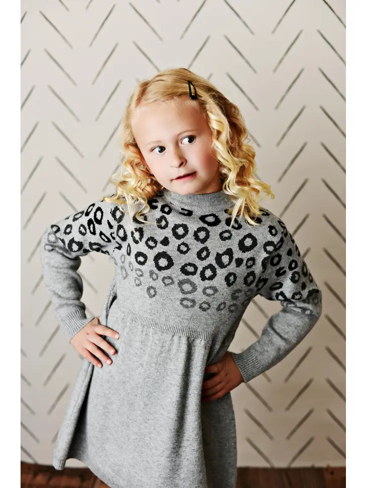 Kids Gray & Black Leopard Print Long Sleeve Sweater Dress