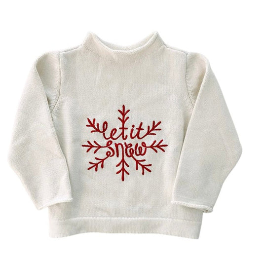 Cream Sweater with Let It Snow Lined in Red Embroidered Detailing.