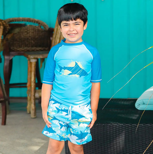 Light Blue Shark School Short Sleeve Rashguard Swim Set