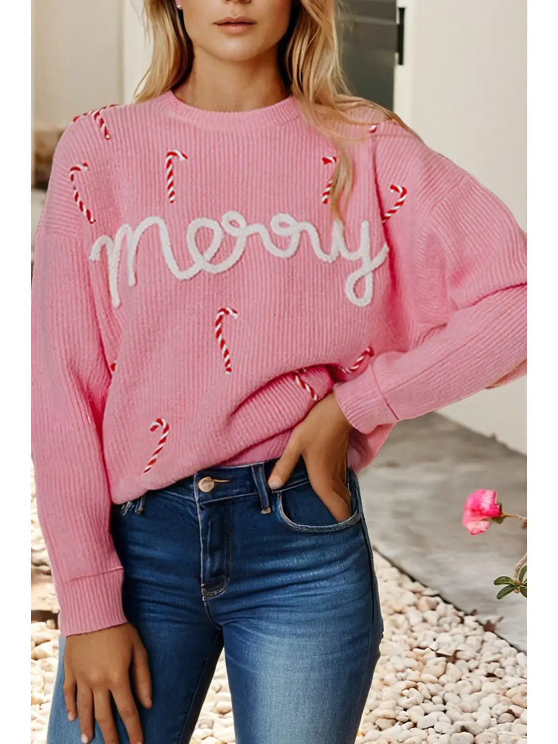 Merry Candy Cane Puffy Knit Crew Neck Sweater