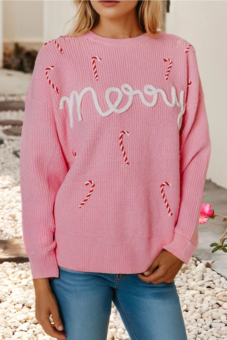 Merry Candy Cane Puffy Knit Crew Neck Sweater