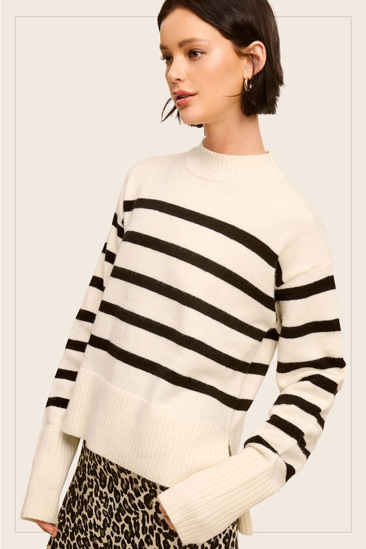 Striped Mock Neck Dolman Sleeve Loose Fit Sweater Cookies N Cream
