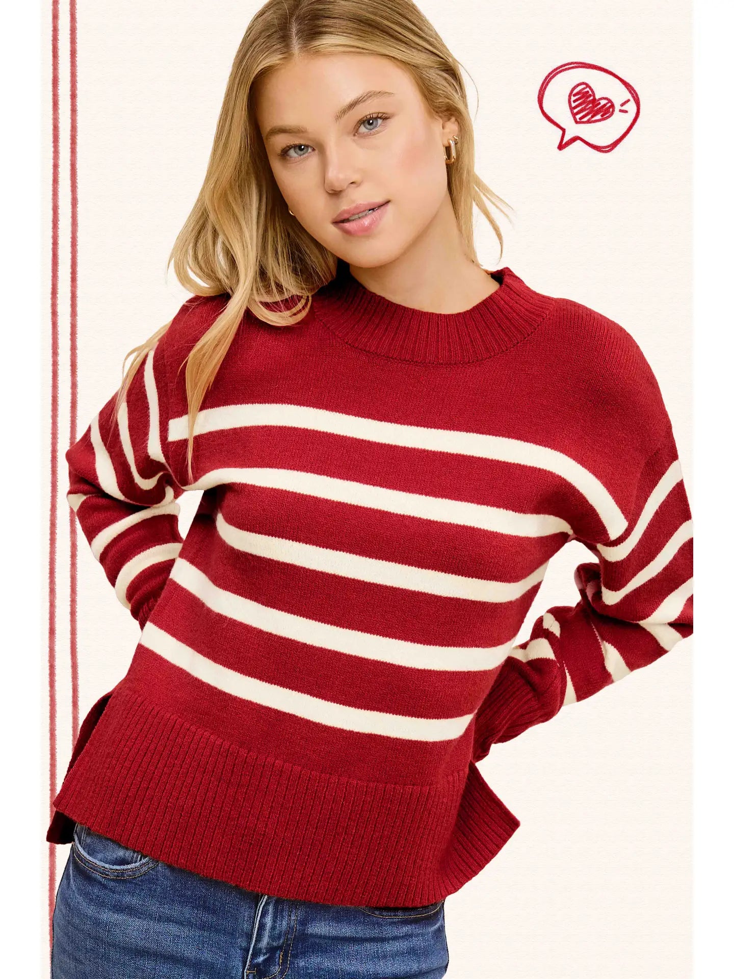 Striped Mock Neck Dolman Sleeve Loose Fit Sweater