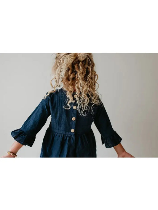 Navy Blue Ruffle Long Sleeve Shirt with Button Detail