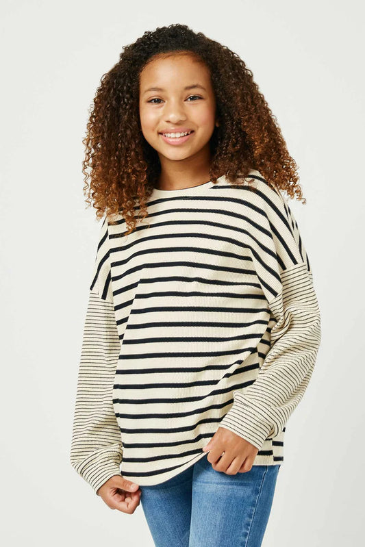 Contrast Stripe Sleeve Textured Knit Top Oatmeal