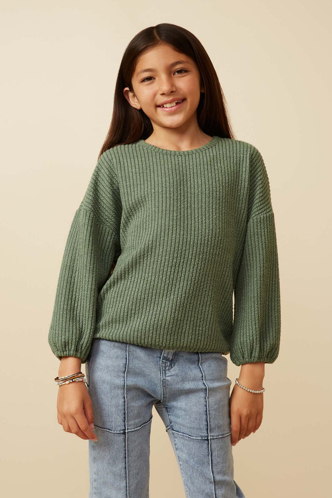 Brushed Ribbed Puff Sleeve Knit Top Olive