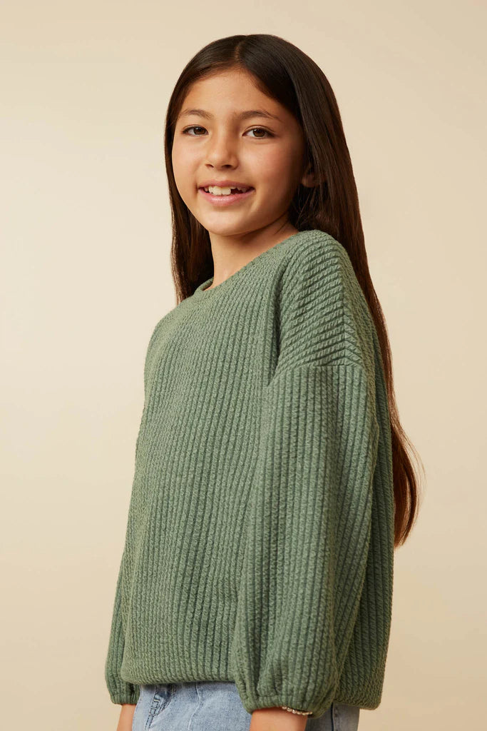 Brushed Ribbed Puff Sleeve Knit Top Olive