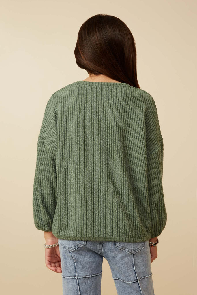 Brushed Ribbed Puff Sleeve Knit Top Olive