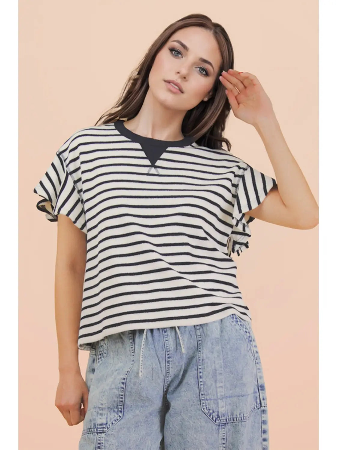 Oversized Ruffle Sleeve Casual Stripe Knit Top Oatmeal/Black