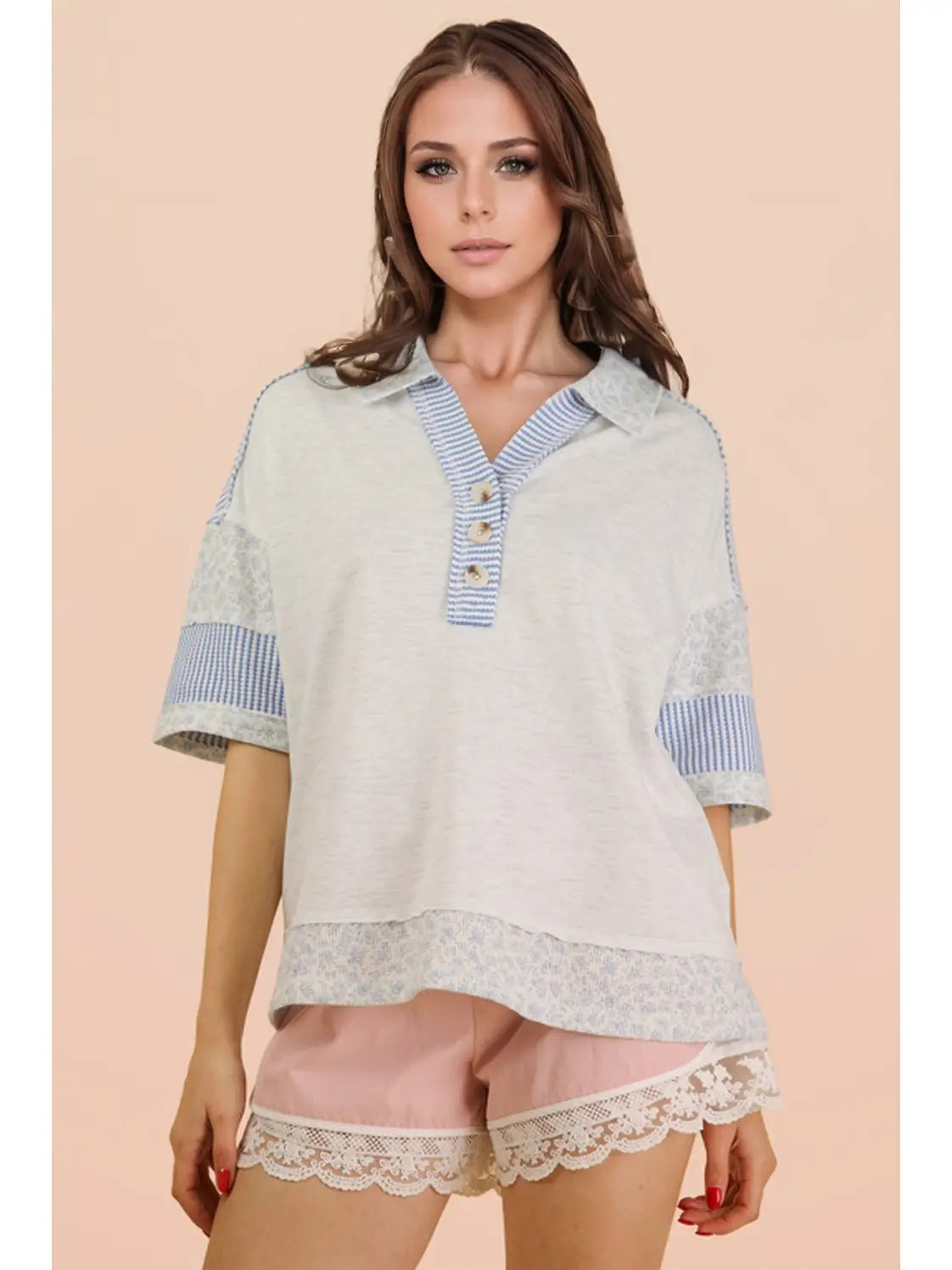 Oversized Half Button Down Collared Knit Top Heather Gray