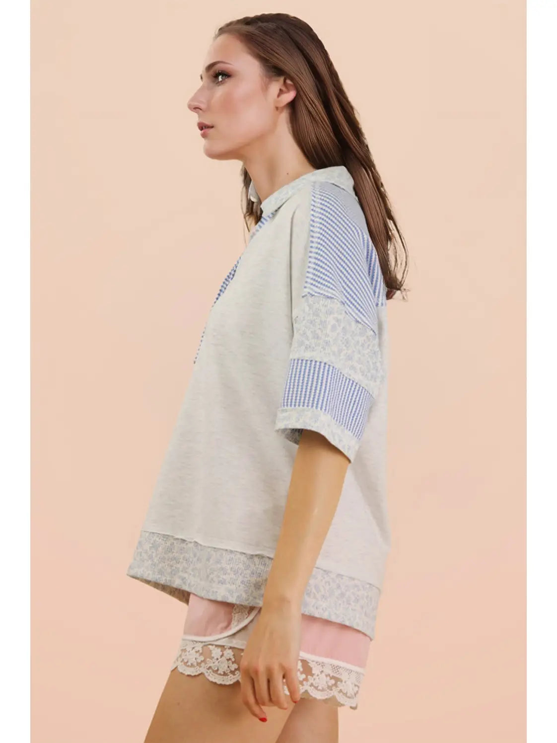 Oversized Half Button Down Collared Knit Top Heather Gray