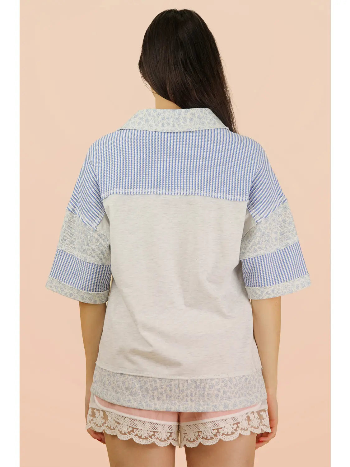 Oversized Half Button Down Collared Knit Top Heather Gray