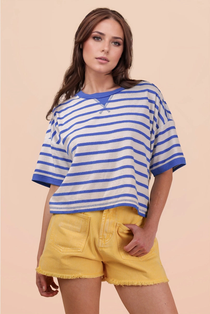 Oversized Stripe Casual Comfy Knit Top White/Blue
