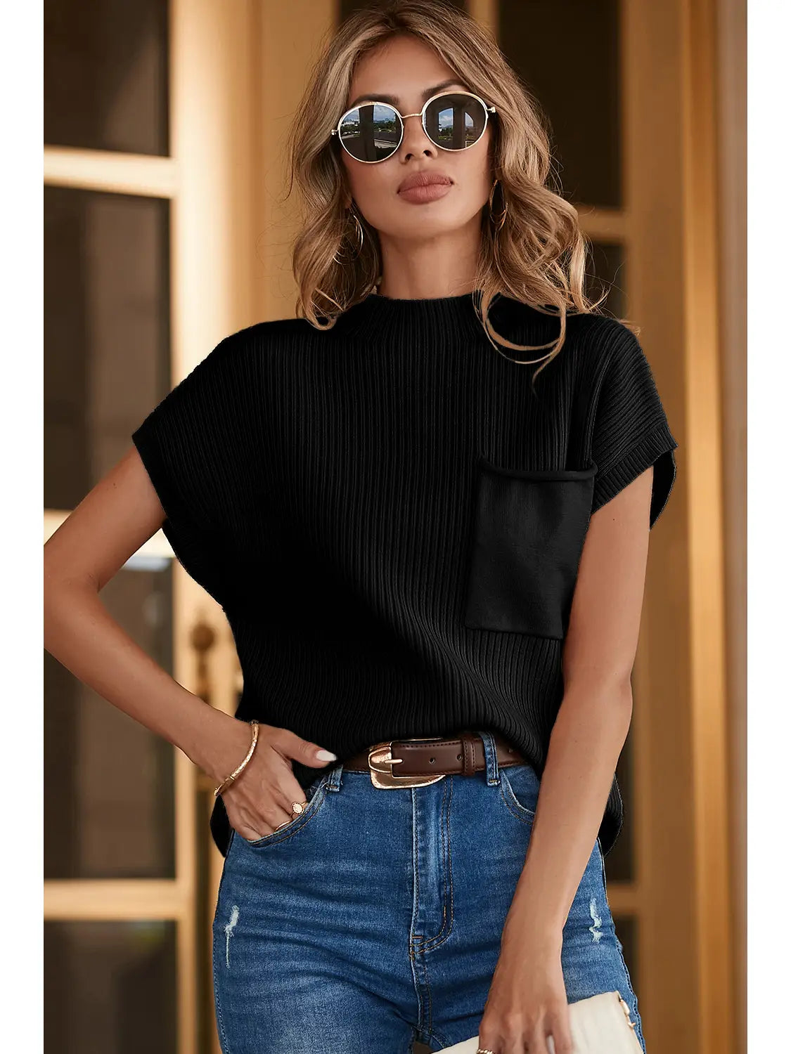 Patch Pocket Ribbed Knit Short Sleeve Sweater