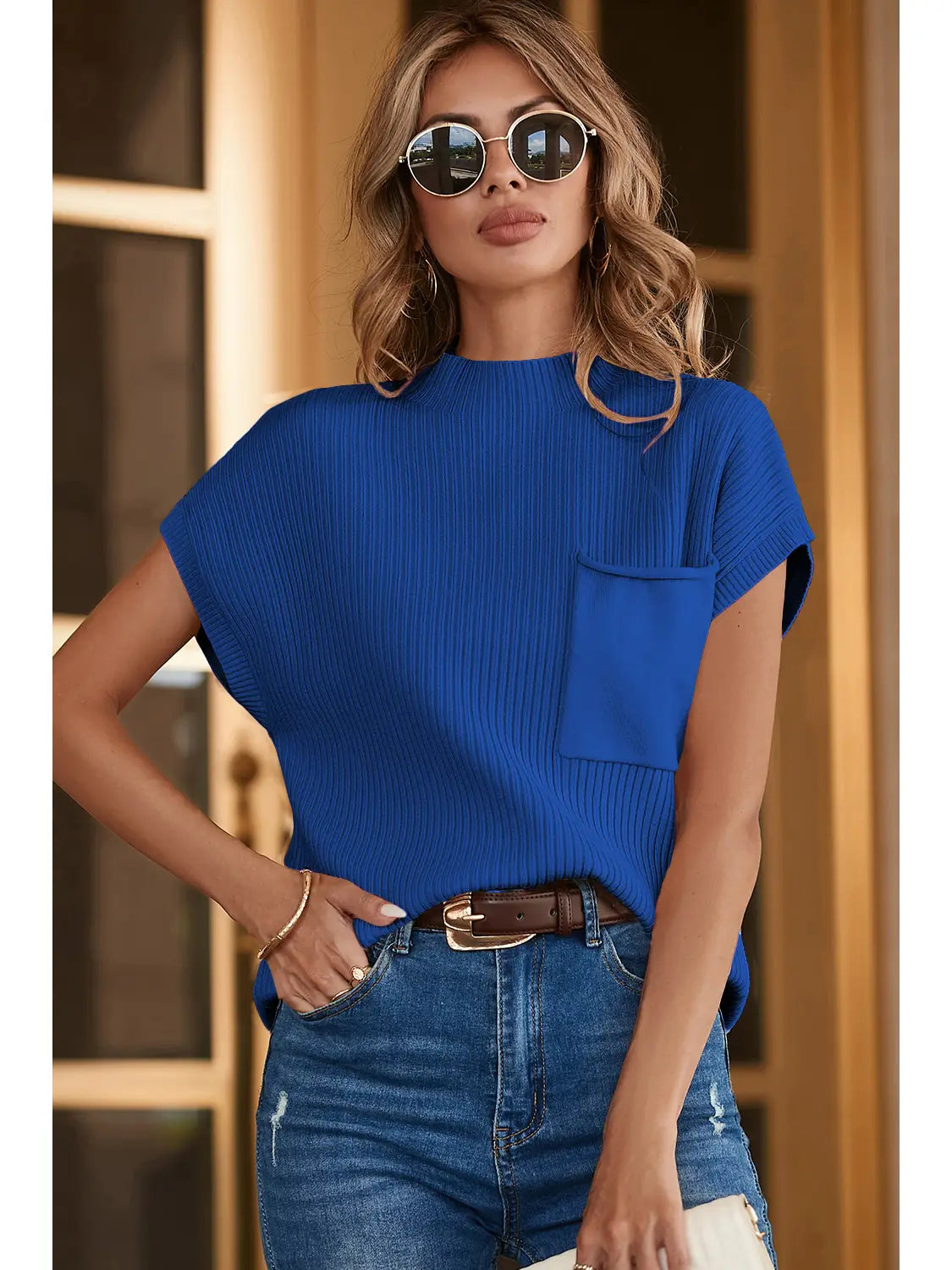 Patch Pocket Ribbed Knit Short Sleeve Sweater