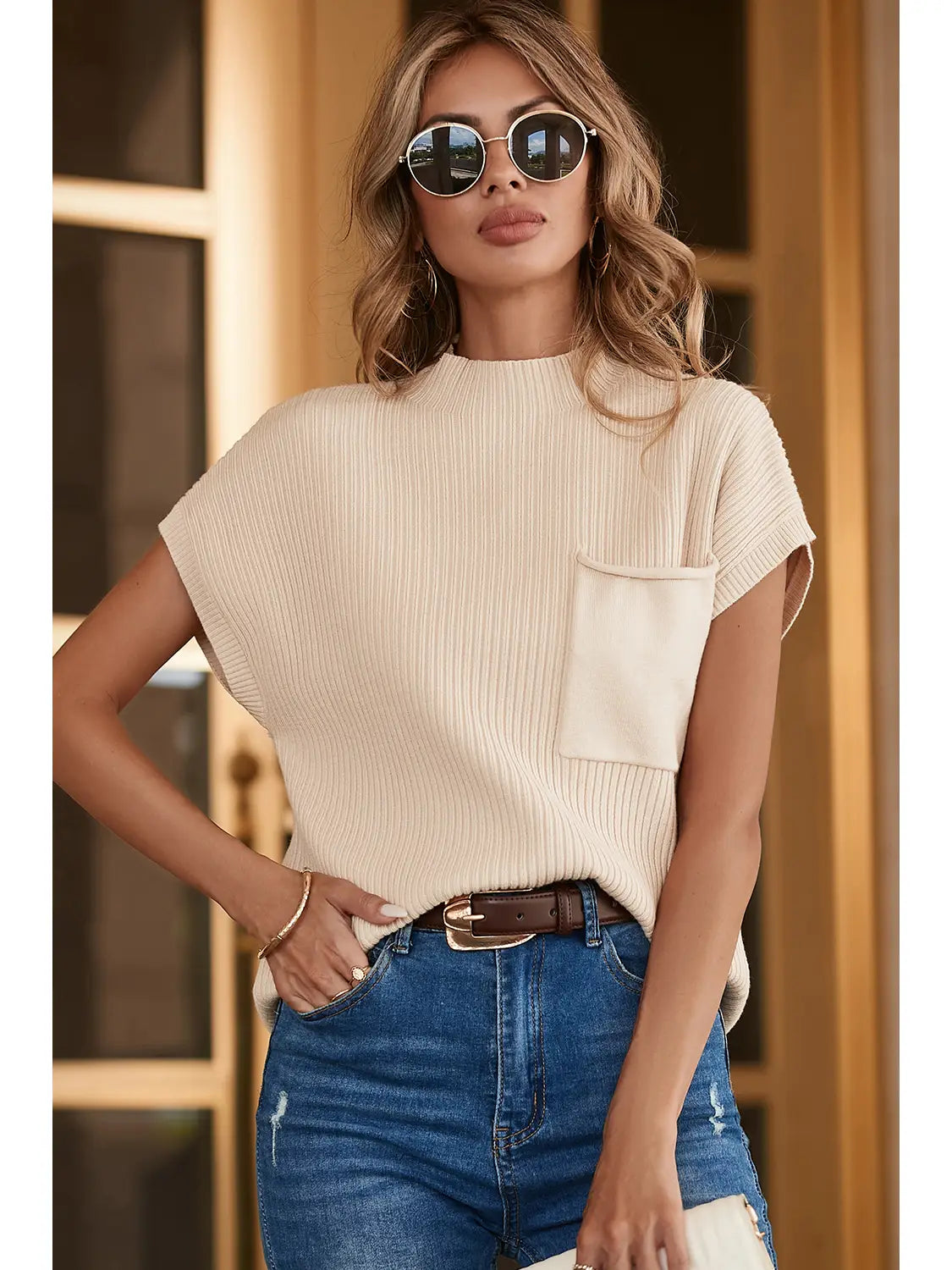 Patch Pocket Ribbed Knit Short Sleeve Sweater