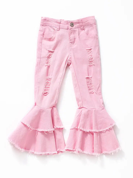 Pink Distressed Double Layer Girls Jeans