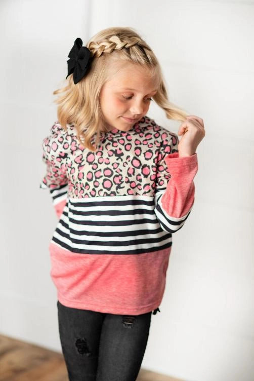 Kids Pink Leopard Stripe Long Sleeve Hoodie Shirt