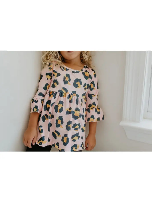 Kids Pink Leopard Ruffle Sleeve Shirt Blouse