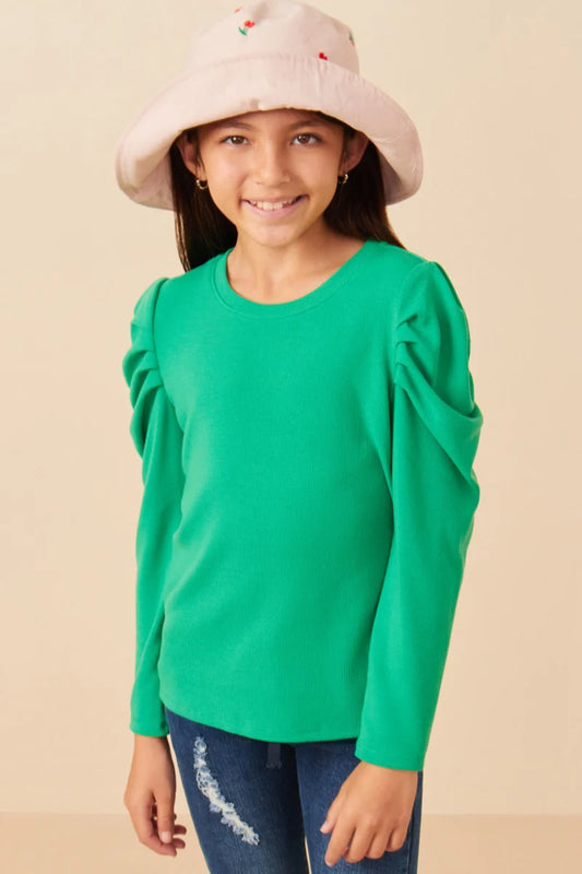 Pleated Puff Shoulder Knit Top Green