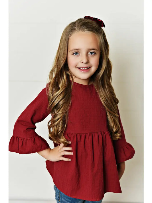 Kids Wine Ruffle Long Sleeve Shirt with Button Detail