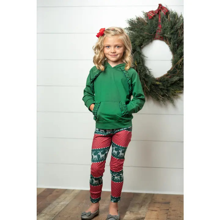 Reindeer Pocket Ruffle Hoodie Shirt and Leggings Set
