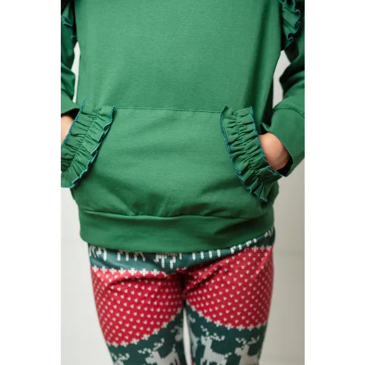 Reindeer Pocket Ruffle Hoodie Shirt and Leggings Set