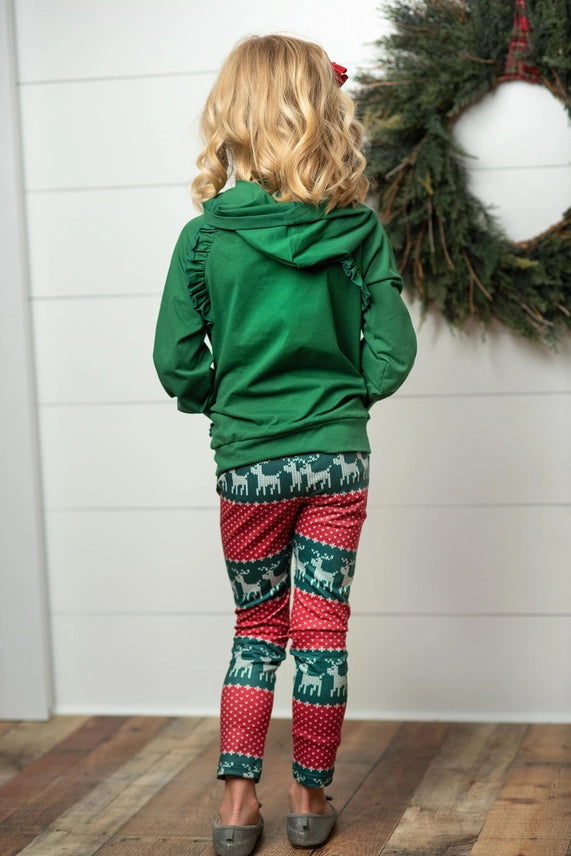 Reindeer Pocket Ruffle Hoodie Shirt and Leggings Set