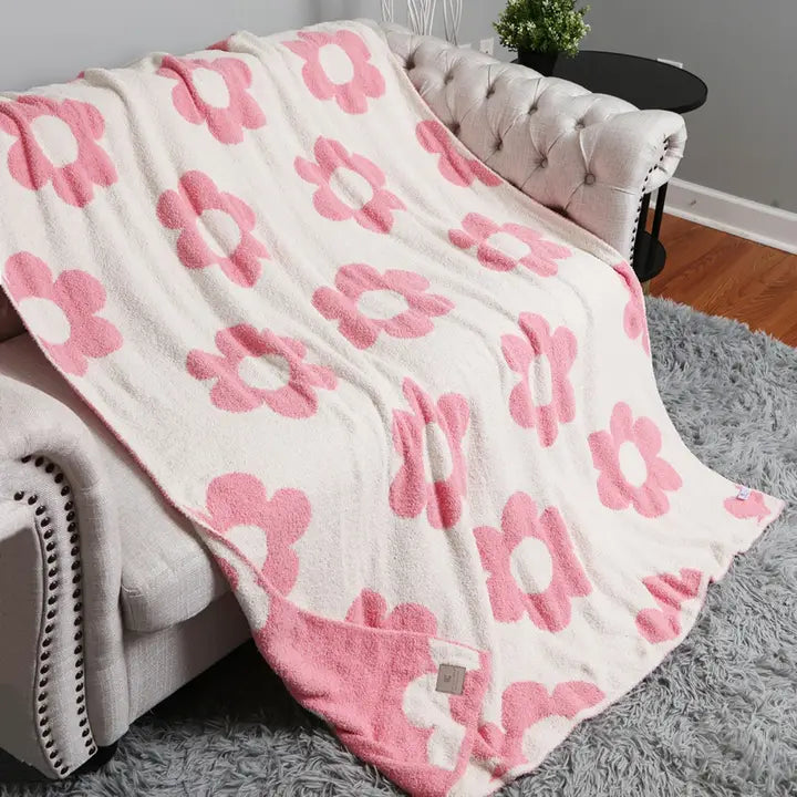 Retro Daisies Reversible Throw Blanket-Pink