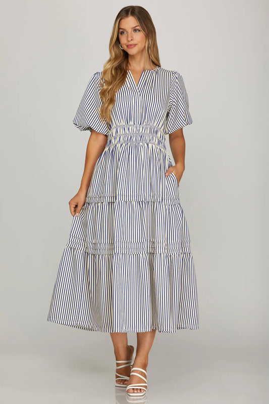 Navy Puff Sleeve Pintuck Tiered Stripe Woven Midi Dress