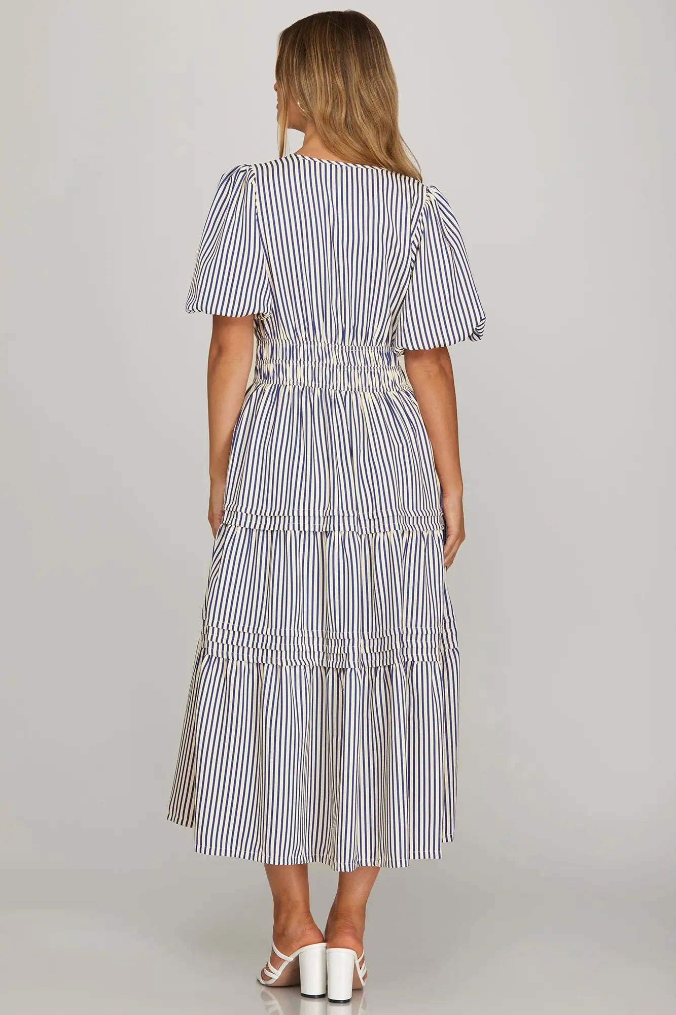 Navy Puff Sleeve Pintuck Tiered Stripe Woven Midi Dress