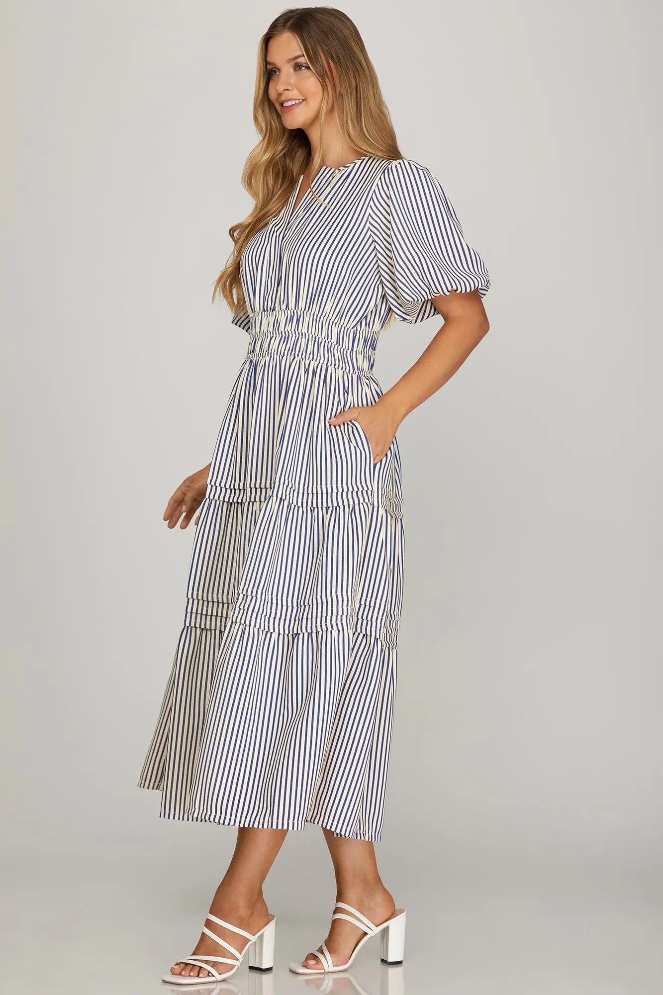 Navy Puff Sleeve Pintuck Tiered Stripe Woven Midi Dress