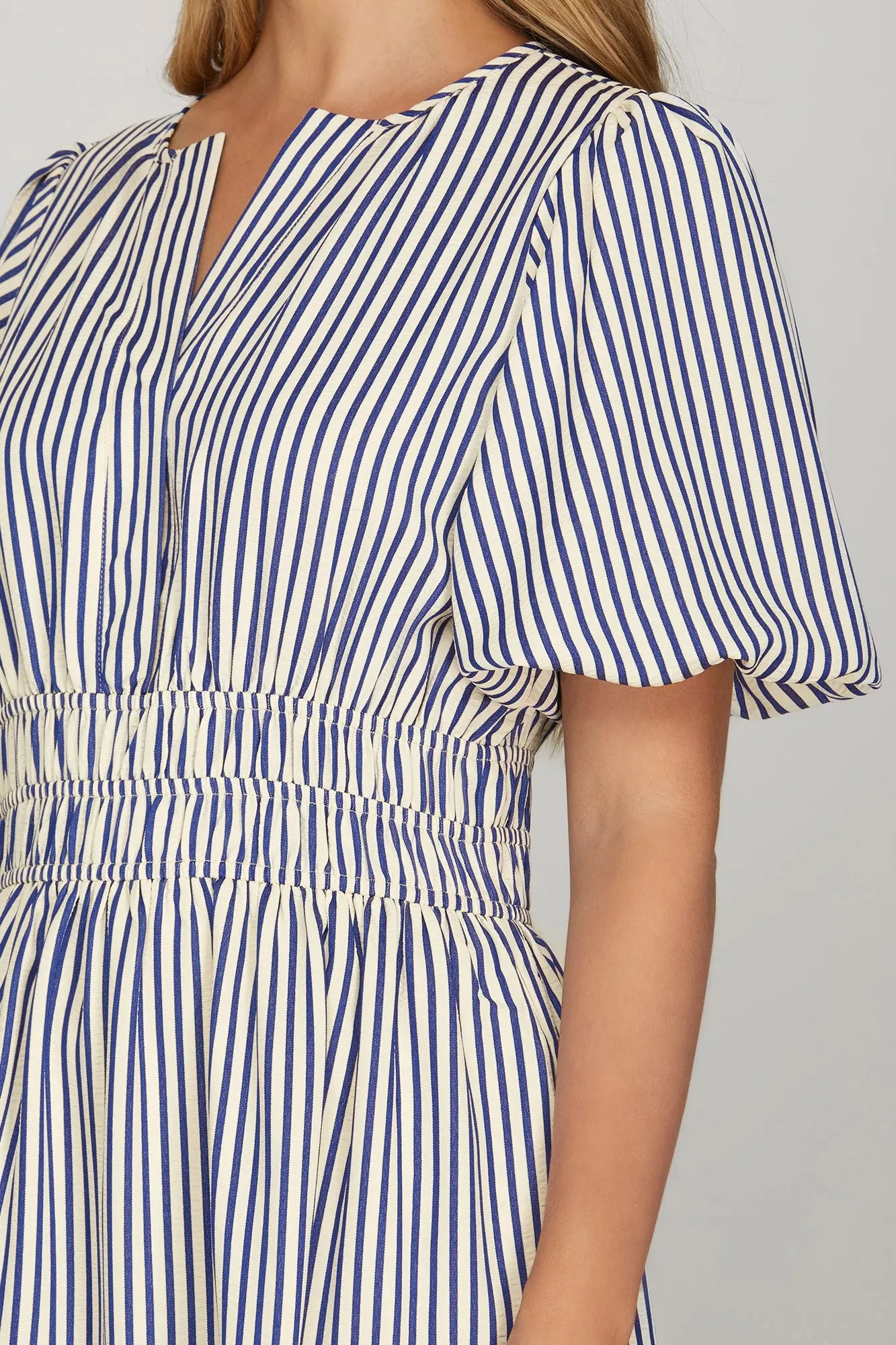 Navy Puff Sleeve Pintuck Tiered Stripe Woven Midi Dress