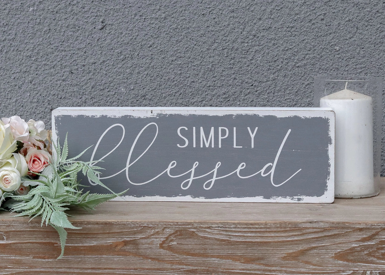 Simply Blessed Script Wooden Box Sign, Gray White