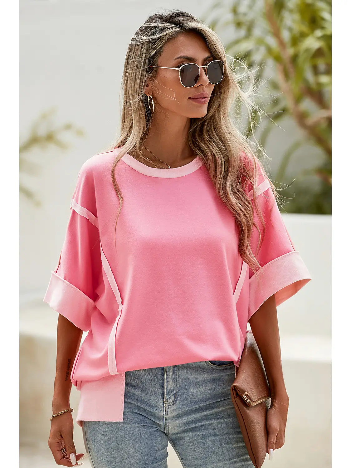 Spring Half Sleeve Raw Seam High Side Split Top Peach Blossom