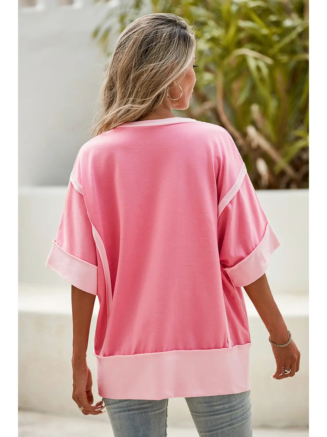 Spring Half Sleeve Raw Seam High Side Split Top Peach Blossom