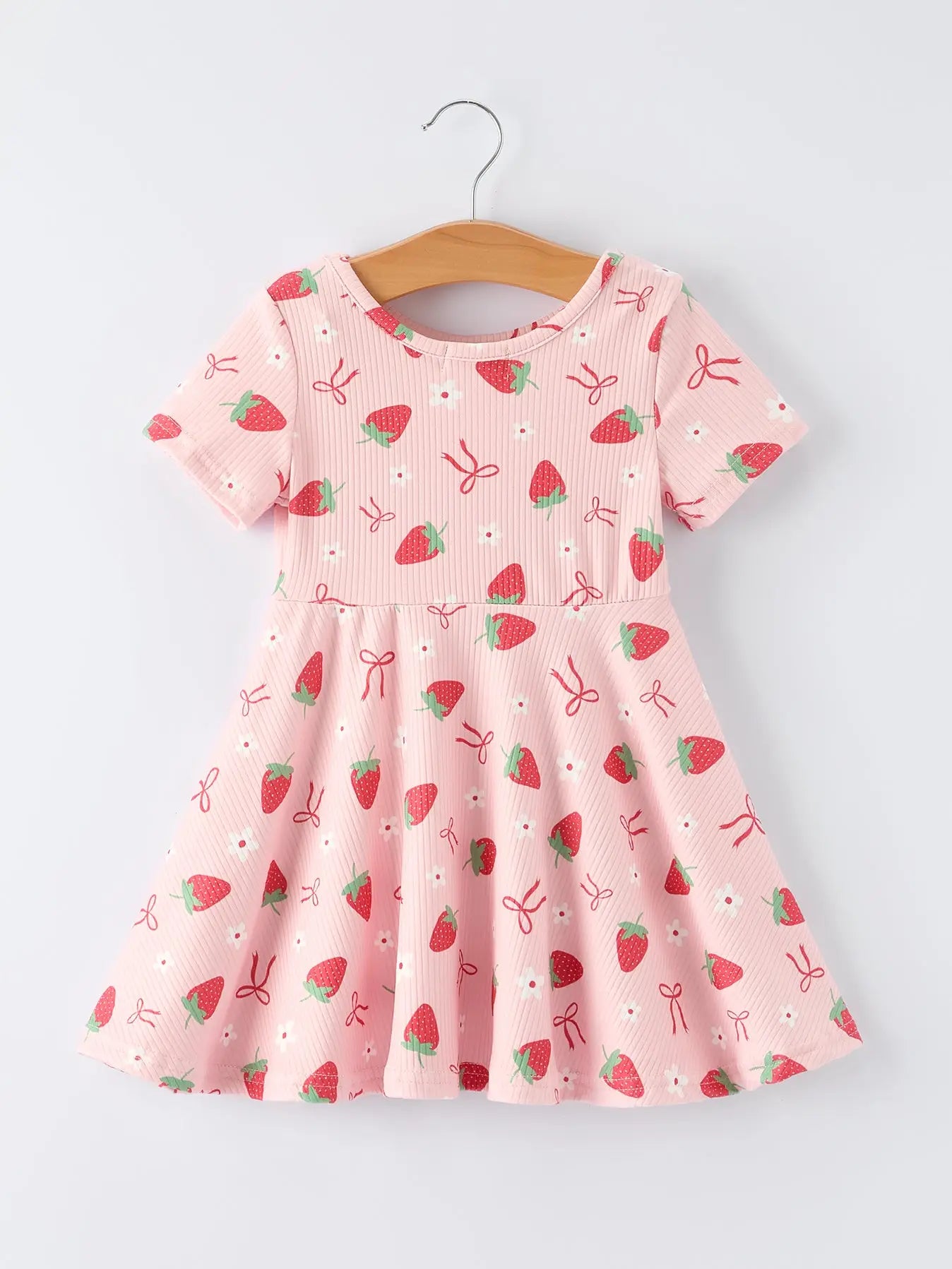 Strawberry Bow Girls Short Sleeve Dress