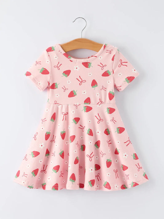 Strawberry Bow Girls Short Sleeve Dress