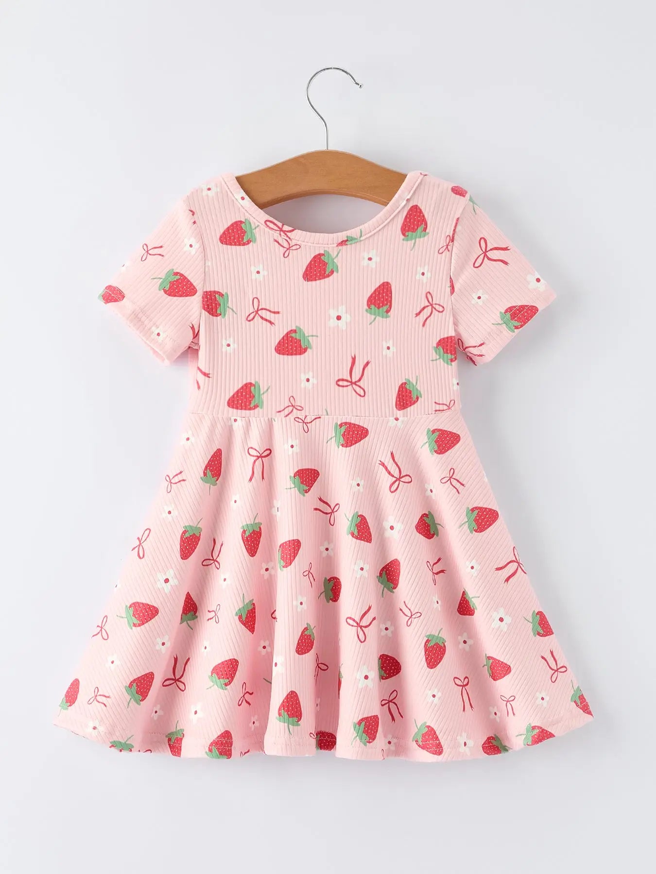 Strawberry Bow Girls Short Sleeve Dress